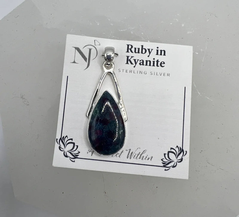 Ruby in Kyanite wishbone pendant - sterling silver